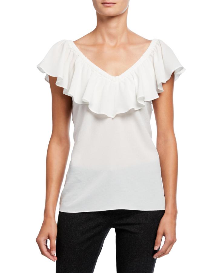 V-neck Ruffle-trim Cap-sleeve Blouse