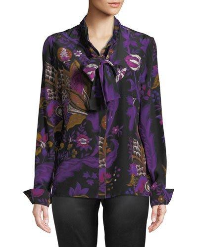 Floral-print Silk Tie-neck Blouse