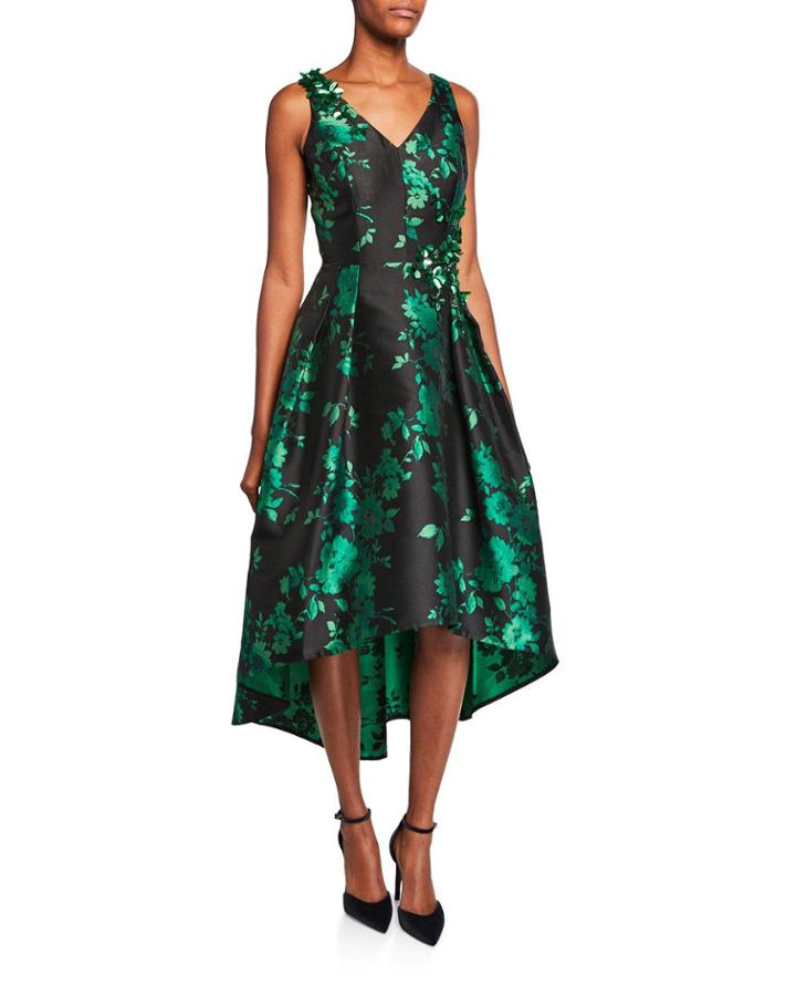 V-neck Sleeveless High-low Floral Jacquard Dress