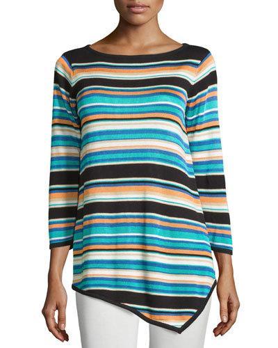 3/4-sleeve Striped Boat-neck Tunic,