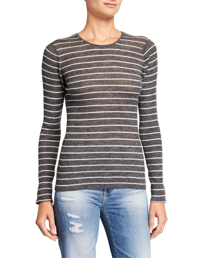 Long-sleeve Stripe Ribbed Crewneck Top