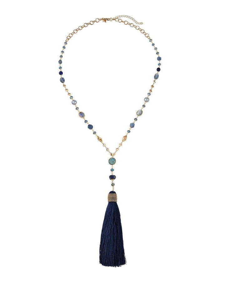 Crystal-strand Tassel Necklace, Navy