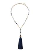 Crystal-strand Tassel Necklace, Navy