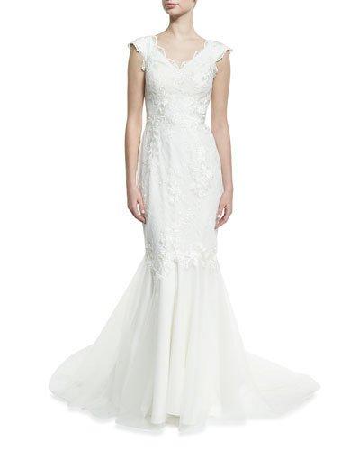 Sweetheart-neck Floral-embroidered Mermaid Gown, White