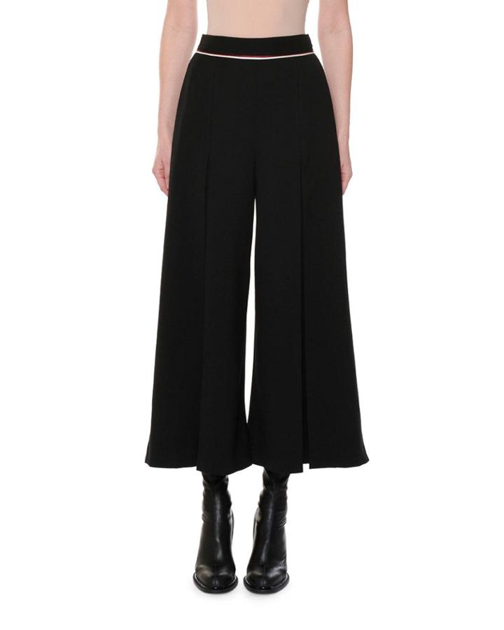 Piped-waist Inverted-pleat Wide-leg Wool Culotte Pants