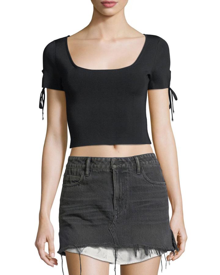Full-needle Rib Cropped Sweater W/ Tie Detail