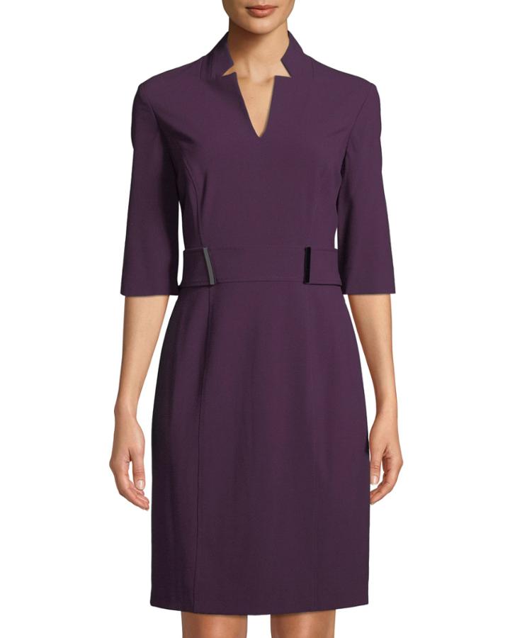 Half-sleeve Belted Stretch-crepe Dress