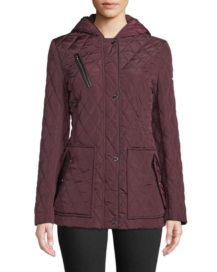 Hooded Quilted Button-front Coat