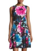 Sleeveless Floral-print Dress, Raspberry