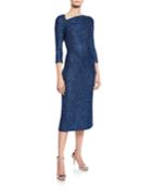 Luxe Sequin Asymmetric-neck 3/4-sleeve Tuck Knit Dress