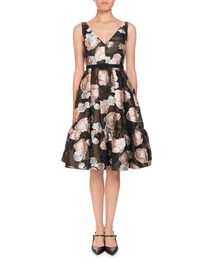 Gaby Peony Floral-print Organza Dress W/pockets