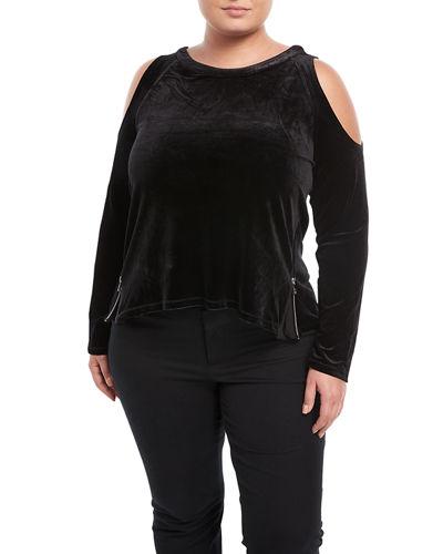 Cold-shoulder Side-zip Velvet Tee,