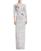 Metallic Jacquard Off-the-shoulder Gown