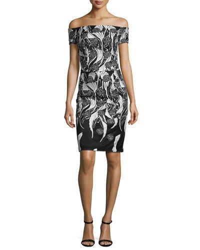Off-the-shoulder Floral Cocktail Dress, Black