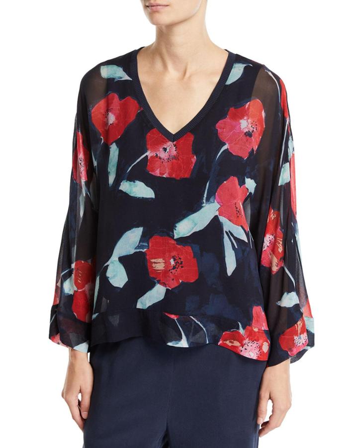 Plus Size Long-sleeve V-neck Floral-print Kimono Blouse