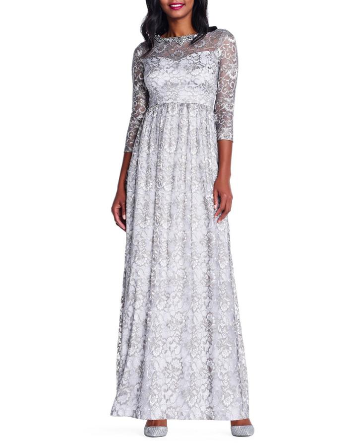 3/4-sleeve Metallic Lace-illusion Gown