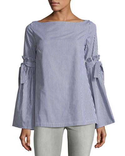 Tie-sleeve Striped Poplin Blouse