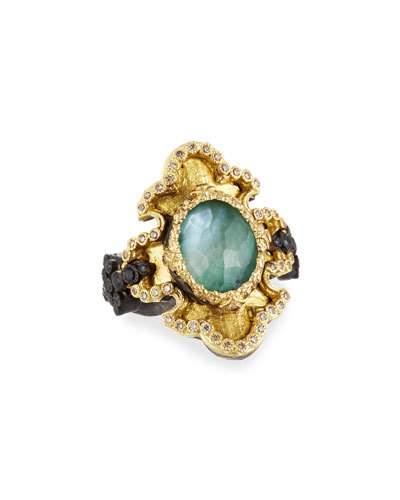 Old World Scalloped Scroll Triplet Ring W/ Diamonds & Sapphires,