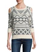 Cold-shoulder Geometric Sweater, Cream/gray