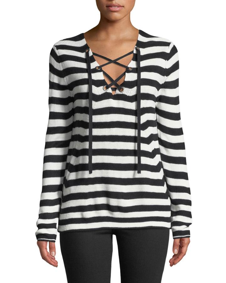 Striped Lace-up Knit Tee