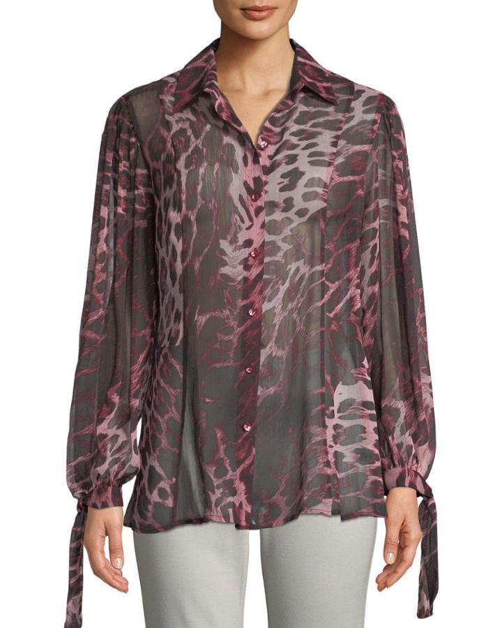 Tie-sleeve Animal-print Button-front Blouse