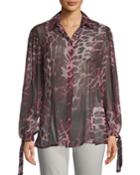 Tie-sleeve Animal-print Button-front Blouse