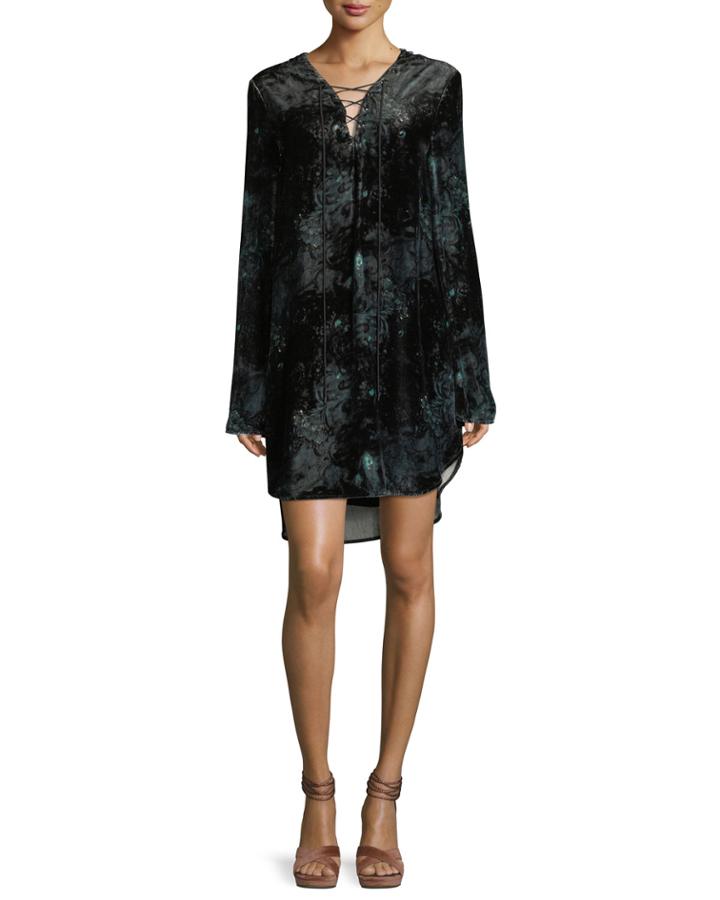 Lace-up Long-sleeve Velvet Tunic Dress