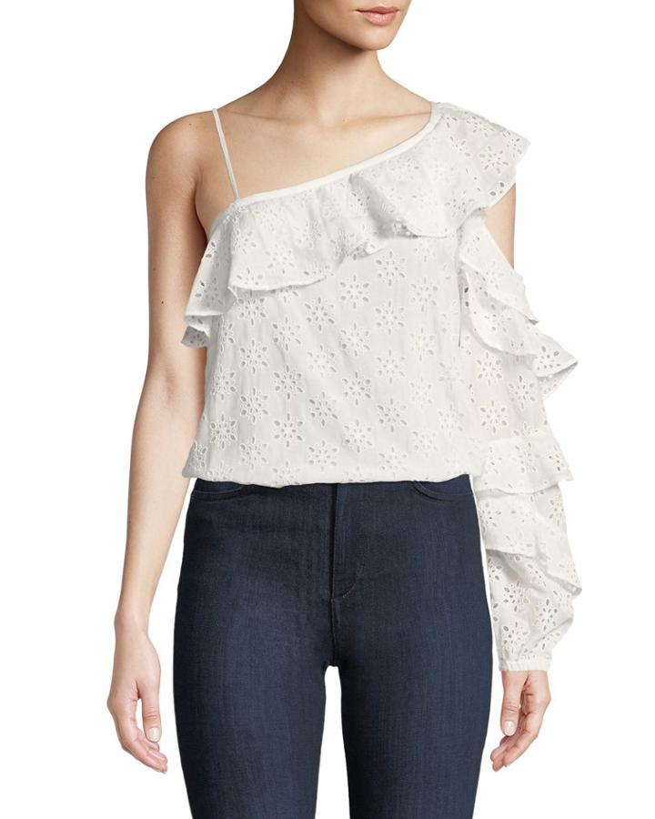 One-shoulder Eyelet Cotton Ruffle Blouse