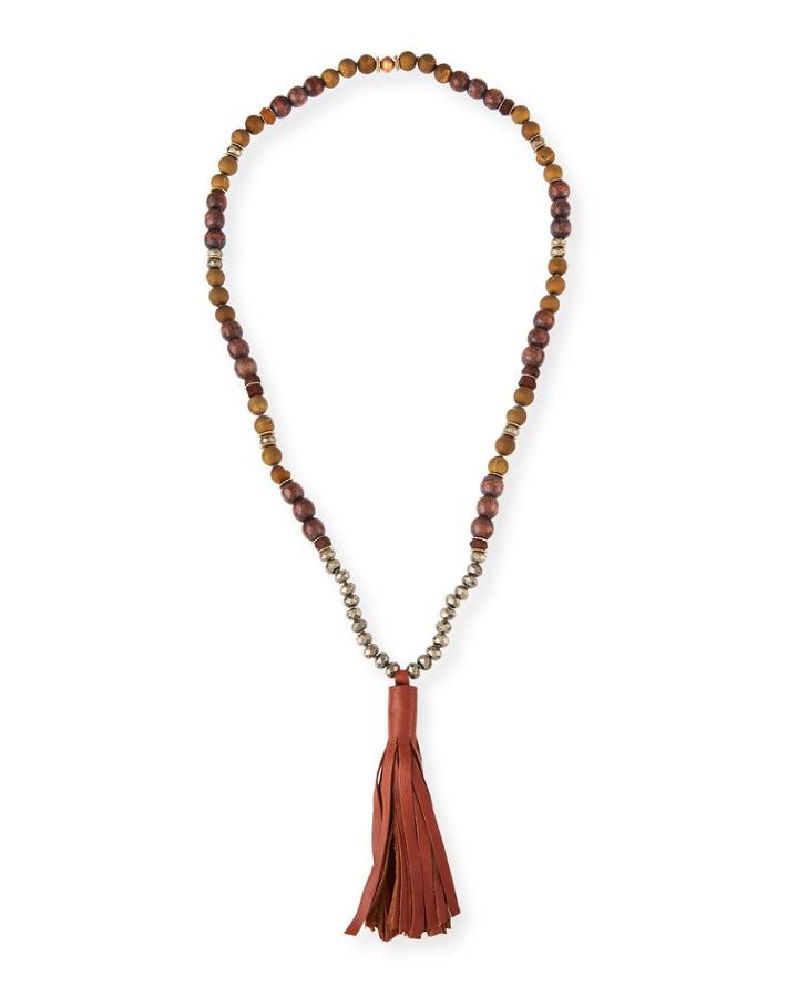 Beaded Pyrite & Wood Tassel Necklace