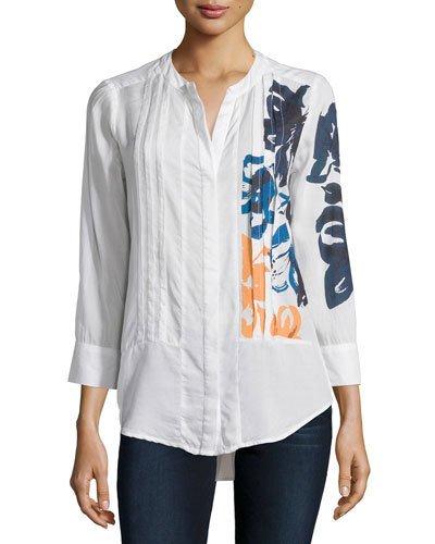 3/4-sleeve Pintucked Poppy-print Tunic,