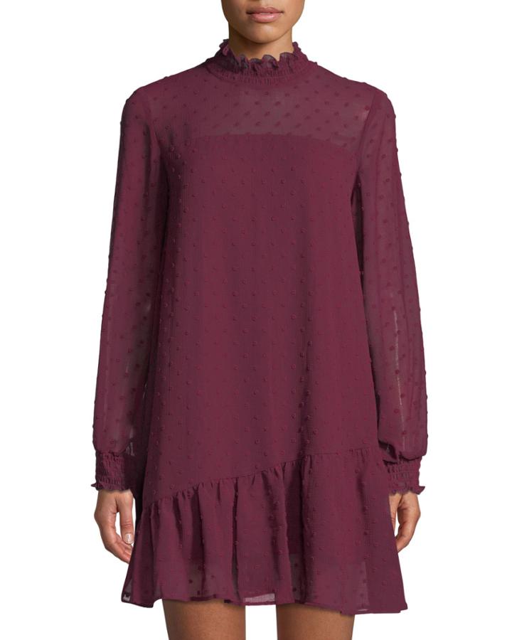 Crinkle Dot Mini Sheath Dress With Smocking And Ruffle Trim