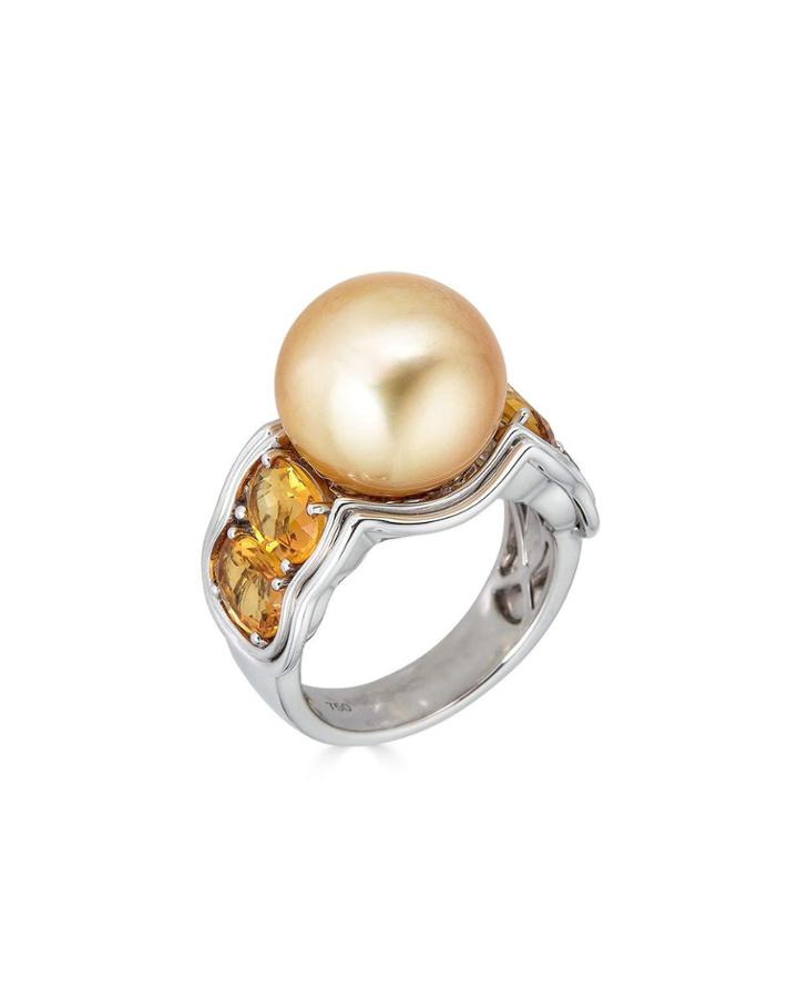 18k White Gold Citrine And Gold Pearl Ring