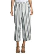 Wide-leg Striped Cotton Pants, Ivory/blue