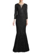 Roar3 Bracelet-sleeve Mermaid Sequin Evening Gown W/ Illusion