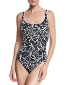 Pinwheel Palms Reversible Lace-back One-piece Swimsuit, Black
