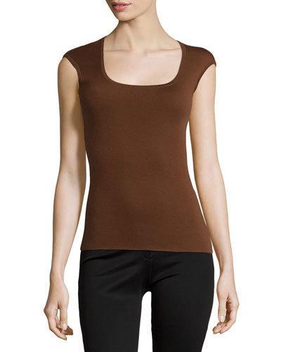 Scoop-neck Cap-sleeve Cashmere Top, Nutmeg