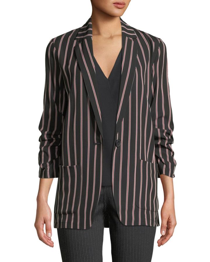Striped 3/4-sleeve Button-front Blazer
