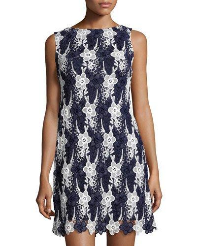 Floral-lace Crewneck Dress, Navy