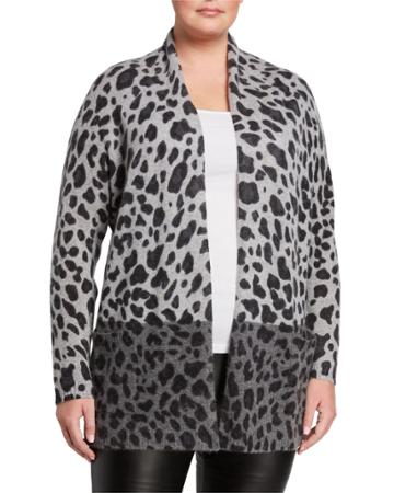 Plus Size Cashmere Leopard-print Open Cardigan With Pockets