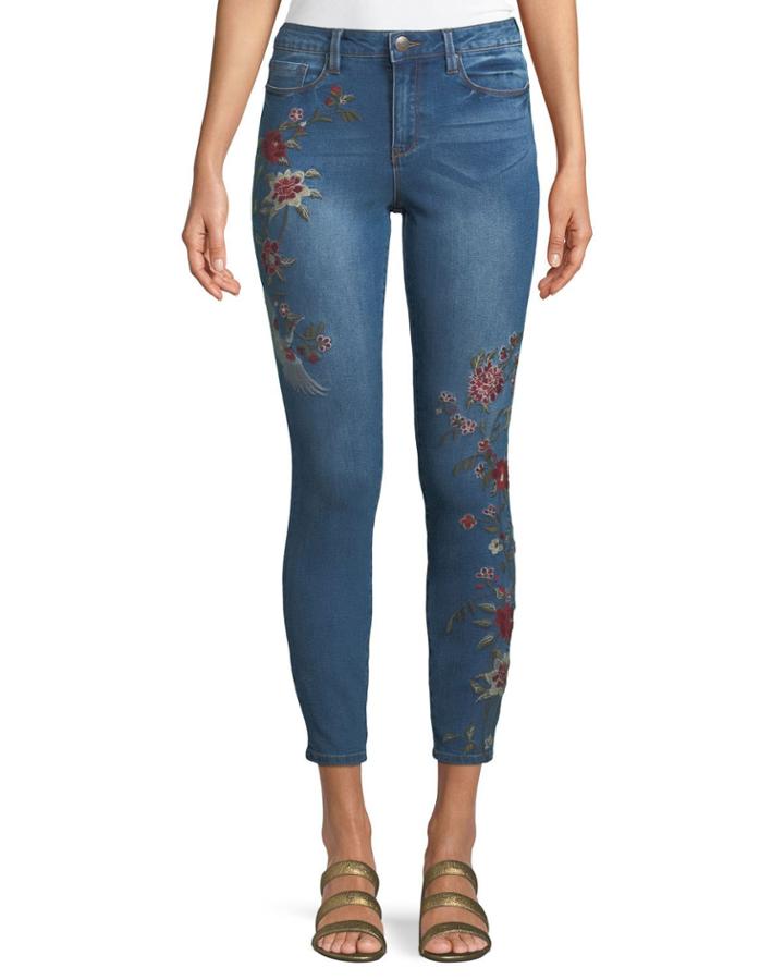 High-rise Embroidered Jeans, Blue