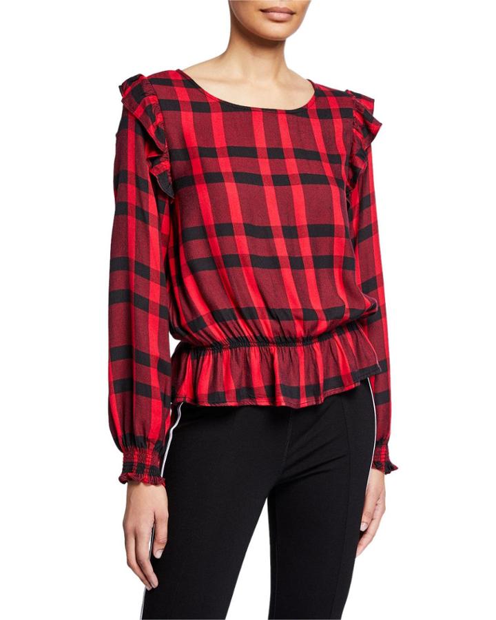 Millie Ruffle-shoulder Plaid Blouse