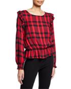 Millie Ruffle-shoulder Plaid Blouse