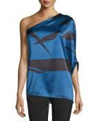 One-shoulder Flowy Asymmetric Top, Ultramarine Abstract