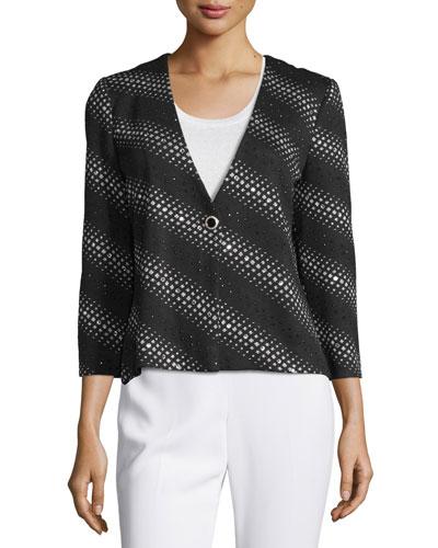Crystal Striped Bracelet-sleeve Jacket, Black/silver