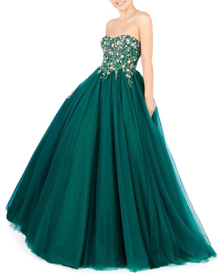 Floral Embroidered Strapless Tulle Ball Gown