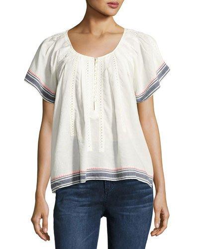 Voile Batiste Short-sleeve Cotton Blouse, White