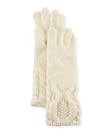 Cashmere Knit Cable-cuff Gloves, Cream