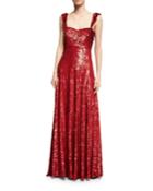 Sleeveless Sequined Silk Sweetheart Gown, Red