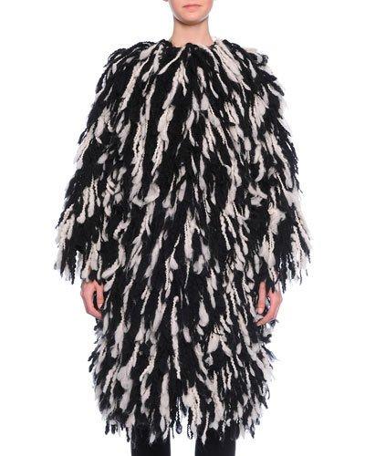 Fringe Shaggy Wool-blend Coat, Black/white