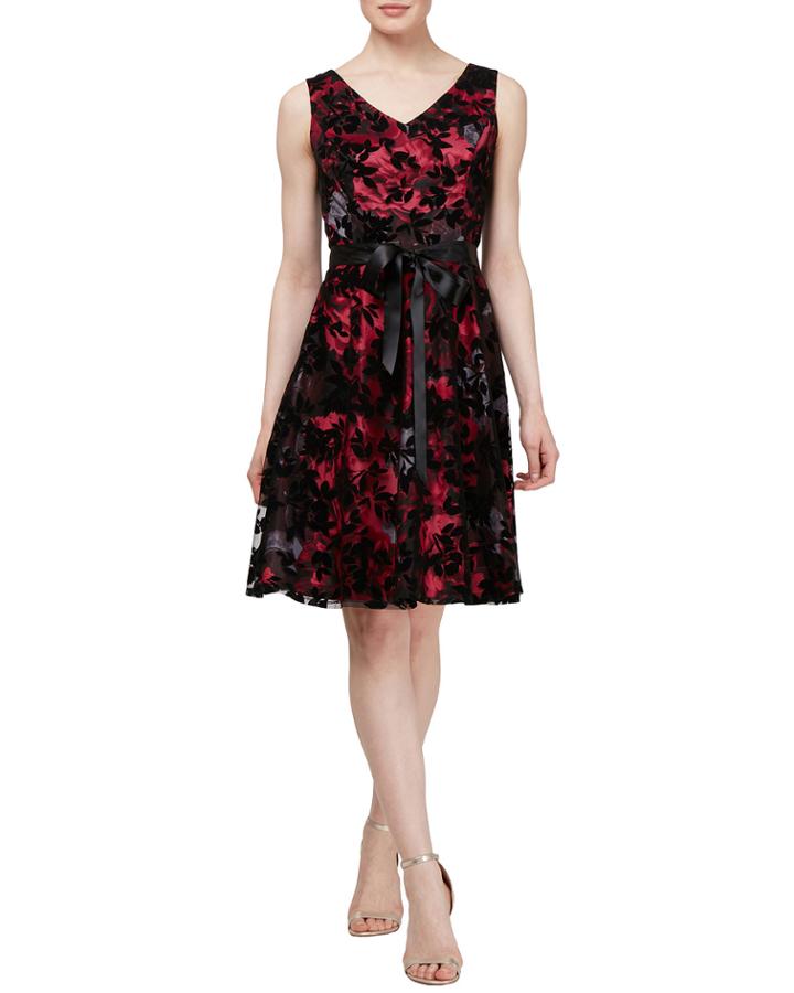 Velvet Flocking Over Print Dress
